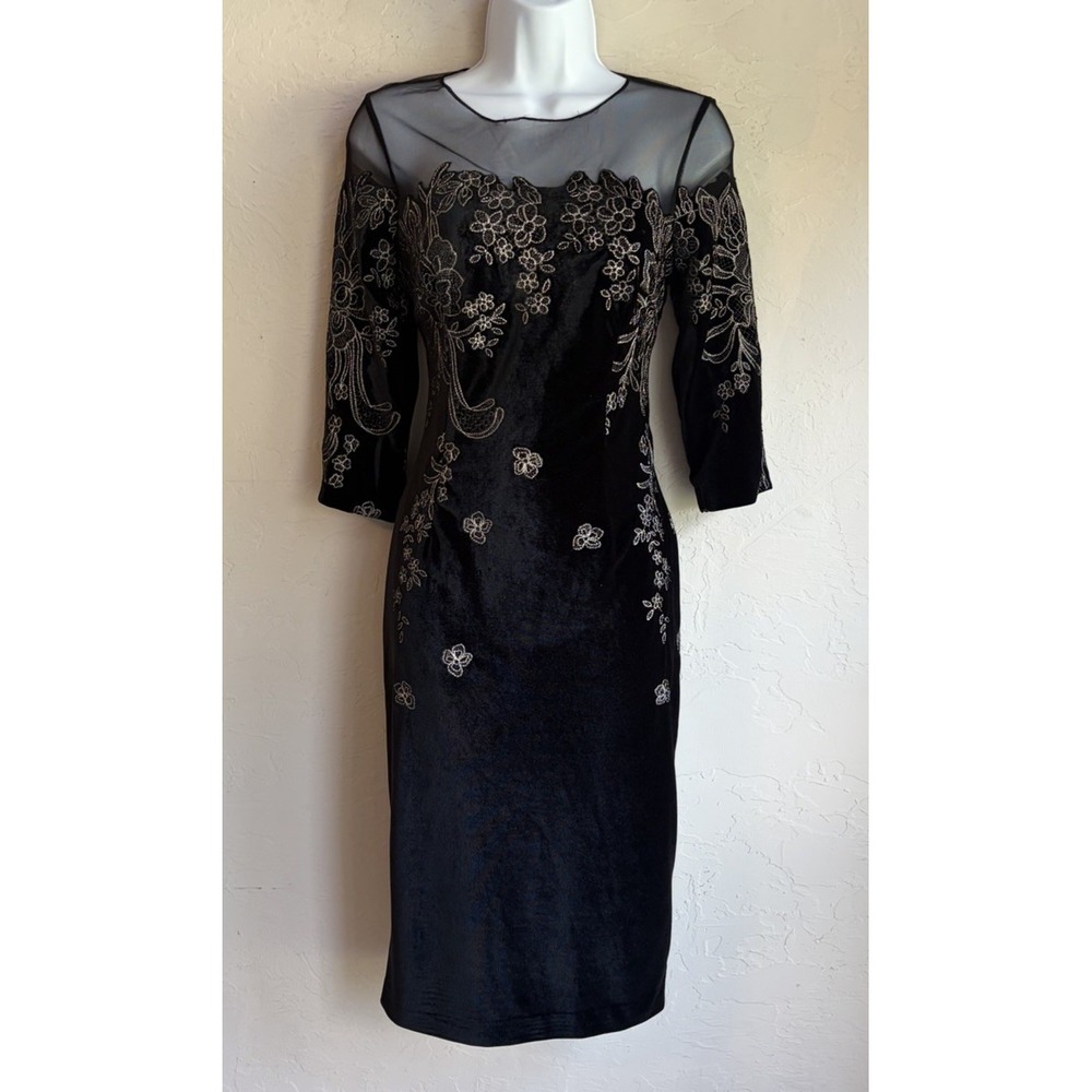 Rickie Freeman Teri Jon Sheer Mesh Embroidered Velvet Dress 4 Evening Formal